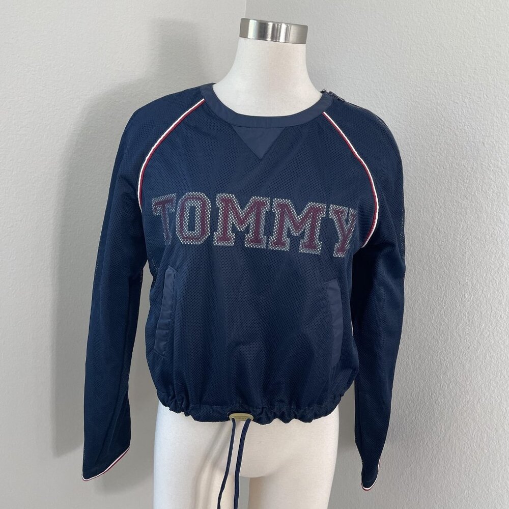 Vintage Y2K 90s Tommy Jeans Pullover Womens Medium Navy Mesh Tommy Girl Crop